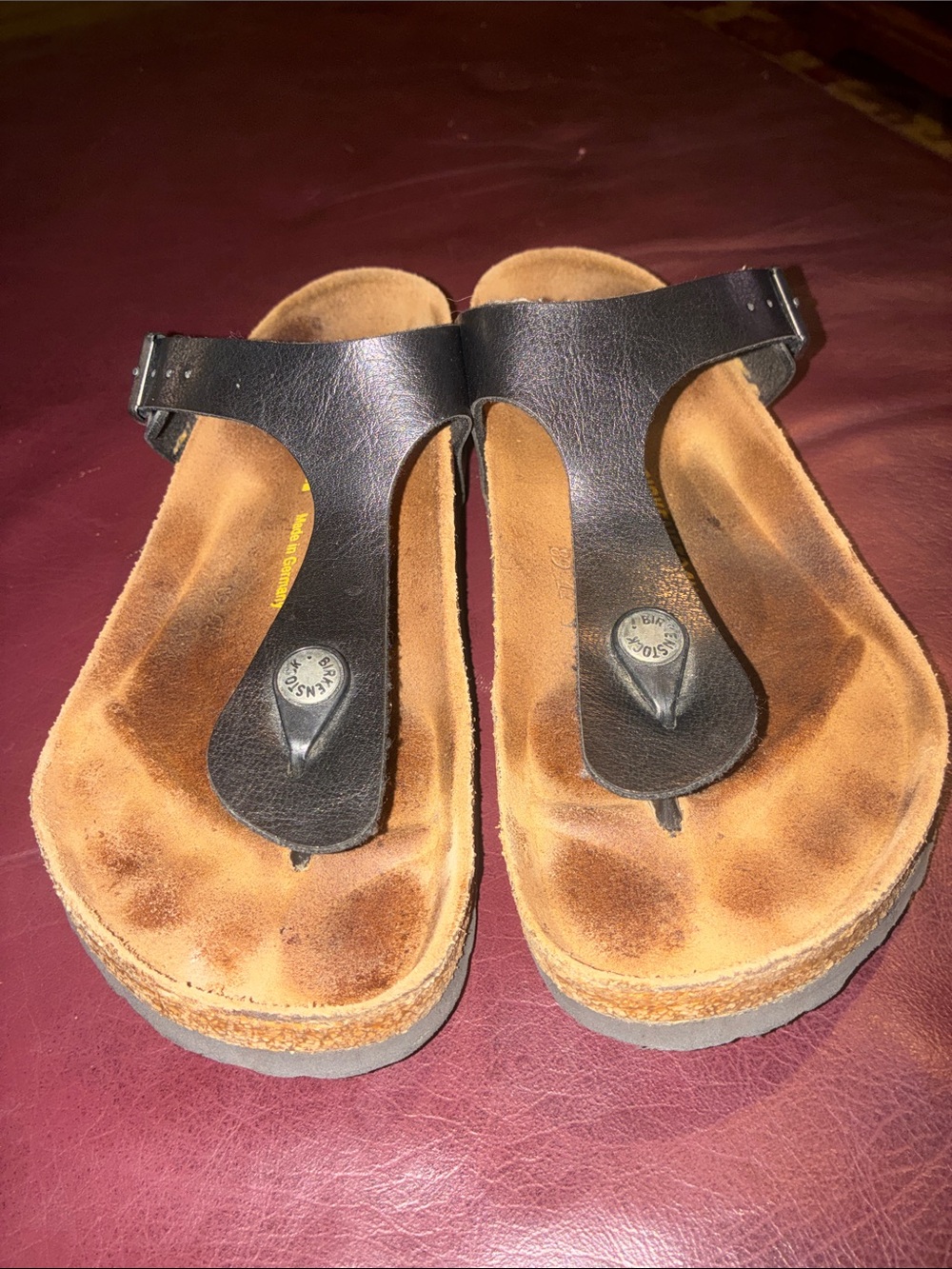 Birkenstock Men's Black Leather Toe-Post Sandals with Tan Suede Footbed